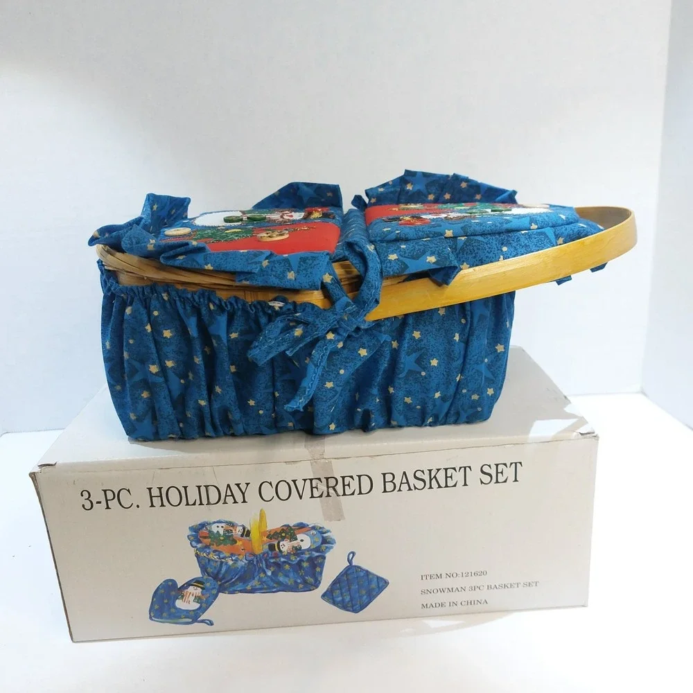 3 Pc Holiday Covered Basket Set Snowman Christmas Tree Fabric Unused Box